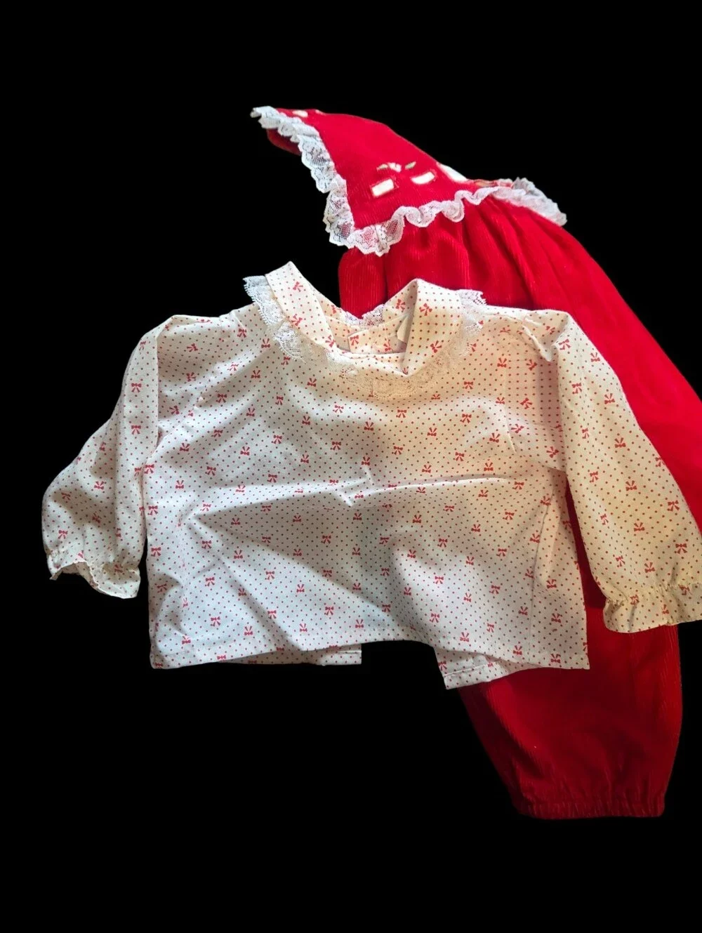 Vtg 3-6 mo Christmas Holiday Outfit Red Corduroy Bibs Embroidered Bows Lace Trim